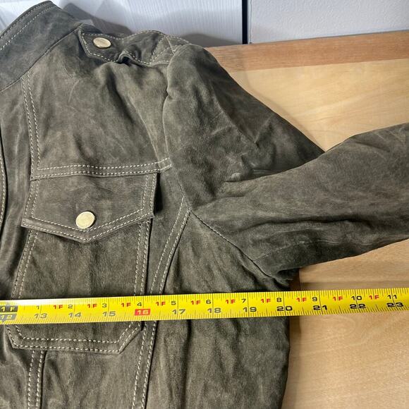 Michael Kors Suede Leather Jacket Vince Coat Full Zip Green *No Belt Large *Flaw - Picture 11 of 13